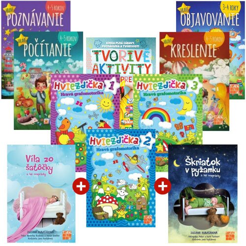 10-dielny Balíček hravých pracovných zošitov pre predškolákov+ Hviezdička + Tvorivé aktivity + Víla zo šatôčky + Škriatok v pyžamku