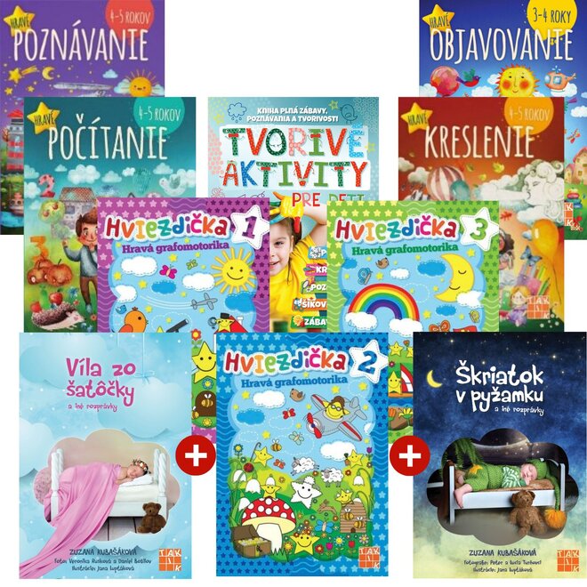 10-dielny Balíček hravých pracovných zošitov pre 3-5 ročné deti + Hviezdička + Tvorivé aktivity + Víla zo šatôčky + Škriatok v pyžamku