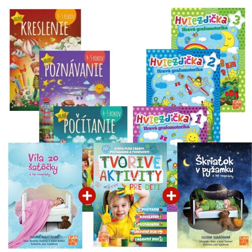9-dielny Balíček hravých pracovných zošitov pre 4-5 ročné deti + Hviezdička + Tvorivé aktivity + Víla zo šatôčky + Škriatok v pyžamku