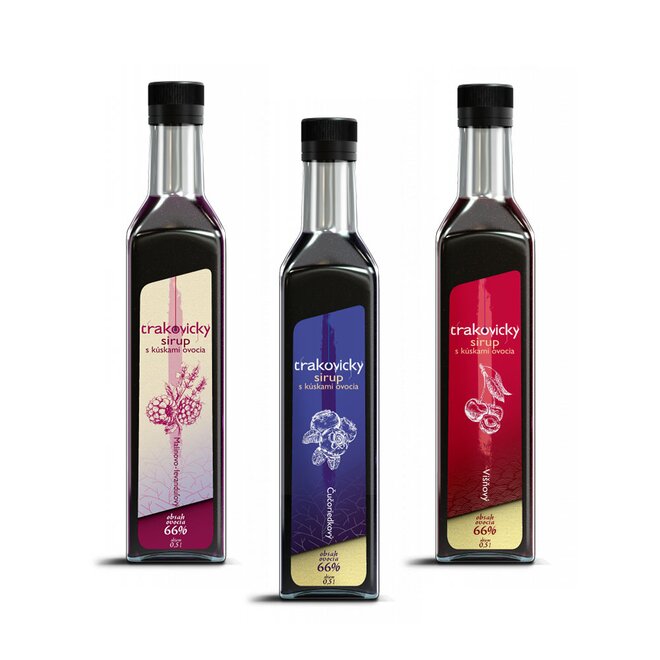 3 x 0,5 l Trakovický sirup s kúskami ovocia slovenskej výroby (malinovo-levanduľový + višňový + čučoriedkový)