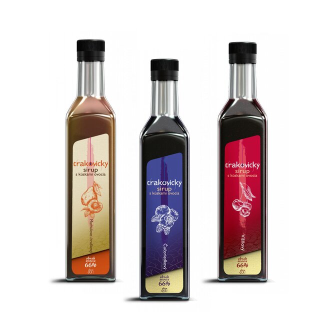 3 x 0,5 l Trakovický sirup s kúskami ovocia slovenskej výroby (marhuľovo-hruškový + višňový + čučoriedkový)