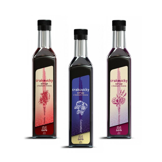 3 x 0,5 l Trakovický sirup s kúskami ovocia slovenskej výroby (čučoriedkový + šípkový + malinovo-levanduľový)