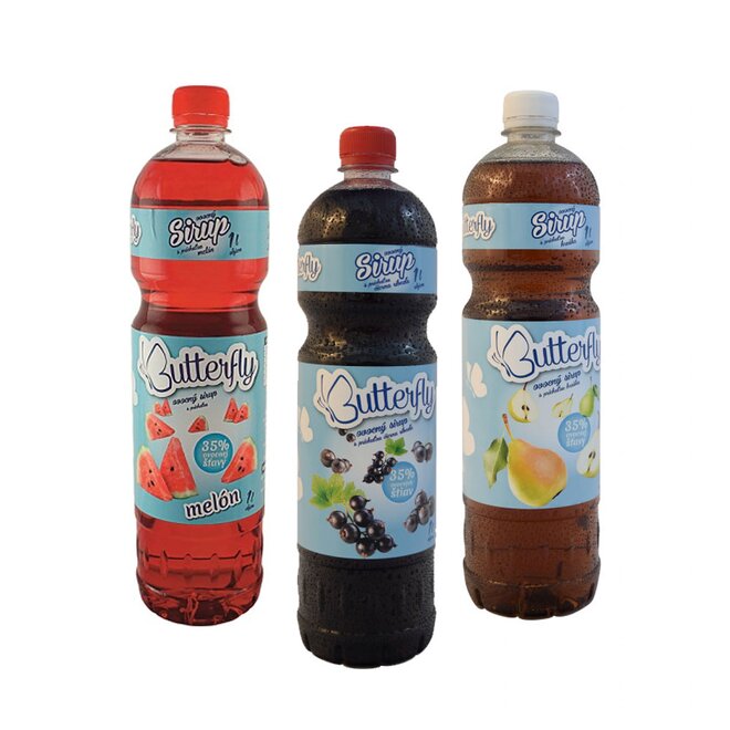 3 x 1 l Sirup so šťavou slovenskej výroby „Butterfly“ (melón + čierna ríbezľa + hruška)