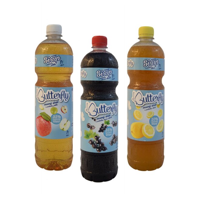 3 x 1 l Sirup so šťavou slovenskej výroby „Butterfly“ (čierna ríbezľa + jablko + citrón)