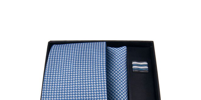 Pánska sada - modrobiele manžetové gombíky, kravata a vreckovka Giorgio di Mare