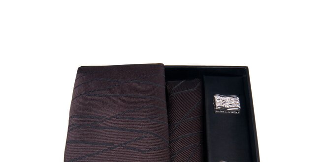 Pánska sada - manžetové gombíky, hnedá kravata a vreckovka Giorgio di Mare