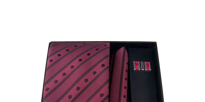 Pánska sada - manžetové gombíky, červená bodkovaná kravata a vreckovka Giorgio di Mare