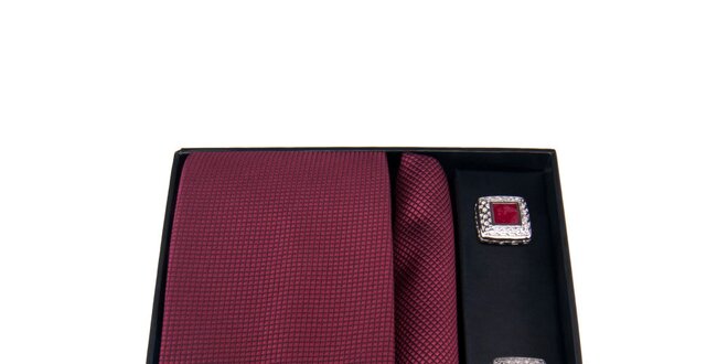 Pánska sada - manžetové gombíky, tmavo červená kravata a vreckovka Giorgio di Mare