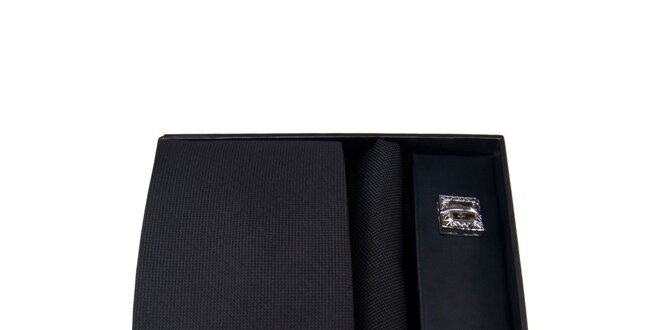 Pánska sada - manžetové gombíky, čierna kravata a vreckovka Giorgio di Mare
