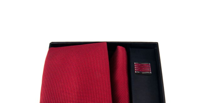 Pánska sada - červené manžetové gombíky, kravata a vreckovka Giorgio di Mare