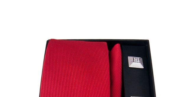 Pánska sada - štvorcové manžetové gombíky, červená kravata a vreckovka Giorgio di Mare
