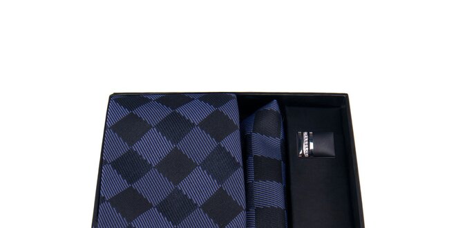 Pánska sada - manžetové gombíky, modro kockovaná kravata a vreckovka Giorgio di Mare