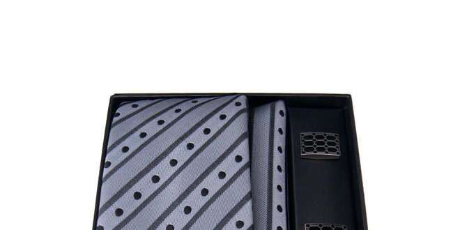 Pánska sada - manžetové gombíky, šedá bodkovaná kravata a vreckovka Giorgio di Mare