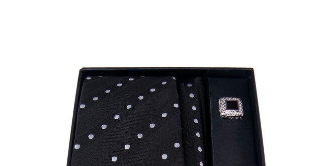 Pánska sada - manžetové gombíky, čierna bodkovaná kravata a vreckovka Giorgio di Mare