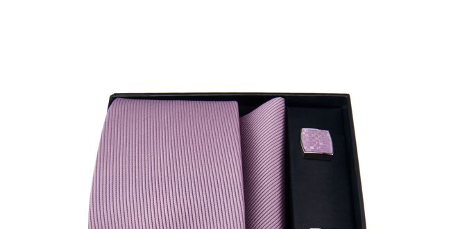 Pánska sada - ružovofialové manžetové gombíky, kravata a vreckovka Giorgio di Mare