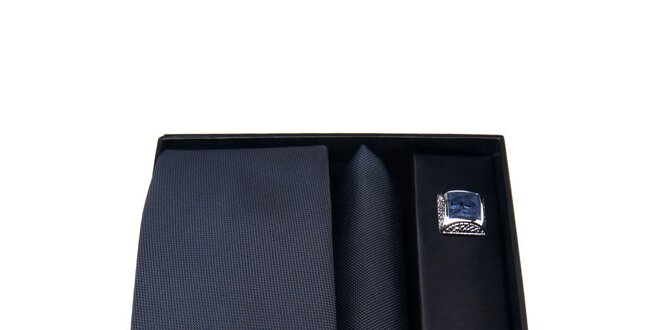 Pánska sada - tmavo modré manžetové gombíky, kravata a vreckovka Giorgio di Mare