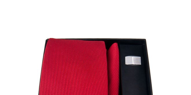 Pánska sada - manžetové gombíky, červená kravata a vreckovka Giorgio di Mare