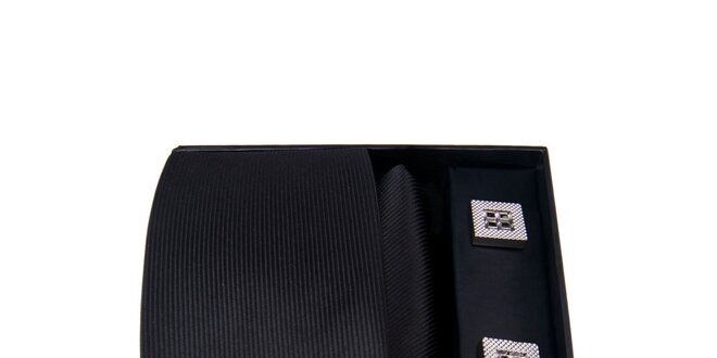 Pánska sada - štvorcové manžetové gombíky, čierna kravata a vreckovka Giorgio di Mare