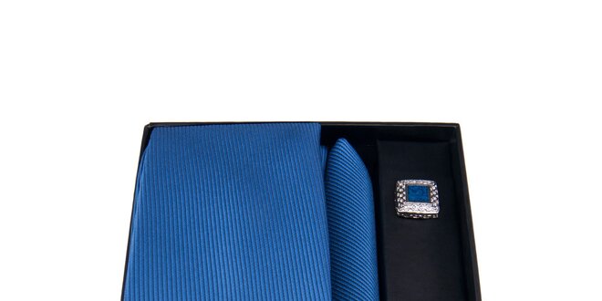 Pánska sada - modré štvorcové manžetové gombíky, kravata a vreckovka Giorgio di Mare
