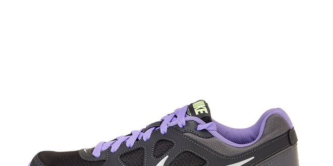 Dámske tmavo šedé bežecké topánky Nike Revolution s fialovými detailami