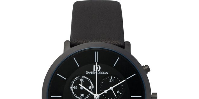 Čierne analógové titanové hodinky s koženým remienkom Danish Design
