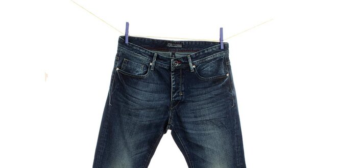 Pánske modré džínsy Fuga s šisovaním na kolenách
