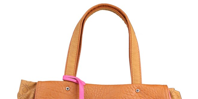 Dámska karamelová kabelka s ružovou visačkou Benetton