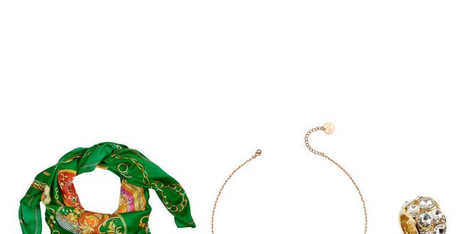 Dámsky set - zelená šatka so vzorom, náhrdelník a prsteň Invuu London