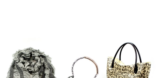 Dámsky set - šedá šatka, náramok a vzorovaná kabelka Invuu London