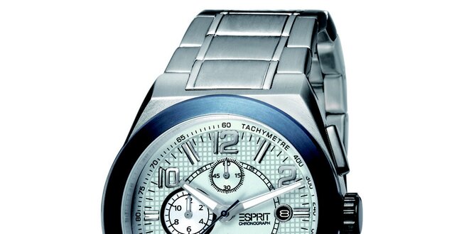 Strieborné hodinky s chronografom a modrou lunetou Esprit