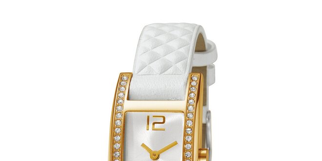 Dámske zlaté hodinky s kamienkami a bielym remienkom Esprit
