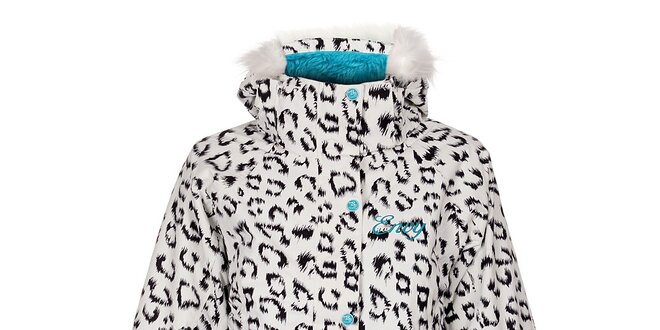 Dámska biela snowboardová bunda Envy s leopardím vzorom
