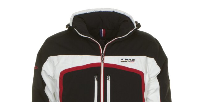 Pánska čierna lyžiarska bunda s bielym a červeným pruhom E2KO