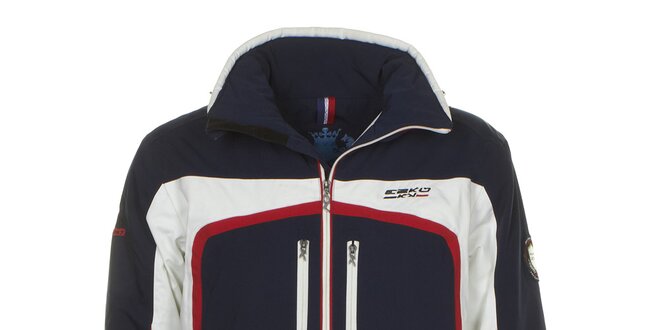 Pánska tmavo modrá lyžiarska bunda s bielym a červeným pruhom E2KO
