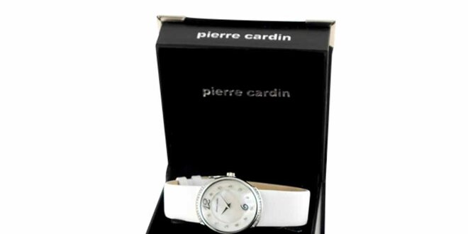 Dámska sada strieborno-bielych hodiniek, náhrdelníku a dvoch párov náušnic Pierre Cardin