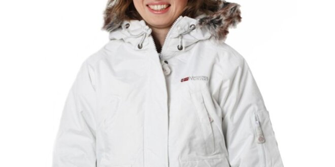 Dámska biela bunda s kožušinkovým límcom Geographical Norway