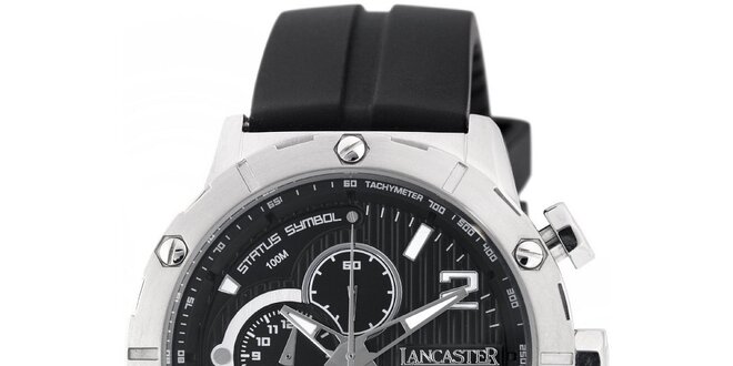 Pánske strieborno-čierne hodinky Lancaster s čiernym silikónovým remienkom