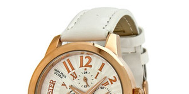 Dámske zlaté náramkové hodinky Lancaster s bielym koženým remienkom