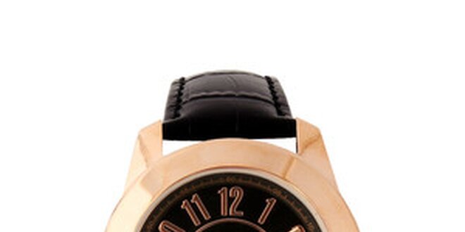 Dámske zlaté hodinky Lancaster s čiernym ciferníkom a čiernym koženým remienkom