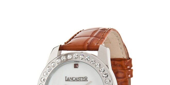 Dámske oceľové hodinky Lancaster s kamienkami a hnedým koženým remienkom
