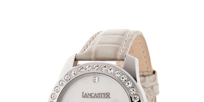 Dámske oceľové hodinky Lancaster s kamienkami a bielym koženým remienkom