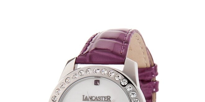 Dámske oceľové hodinky Lancaster s kamienkami a fialovým koženým remienkom