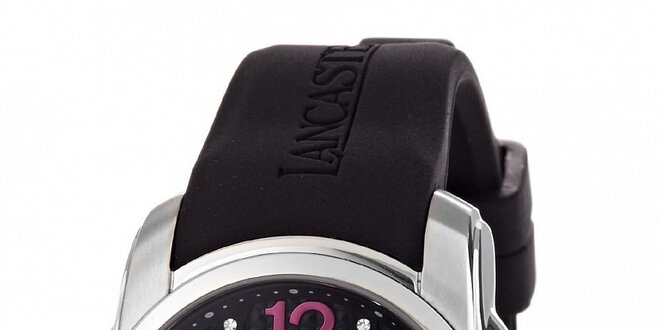 Dámske náramkové hodinky Lancaster s čiernym silikónovým remienkom a kamienkami