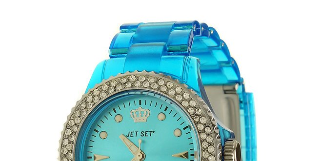 Dámske azúrovo modré hodinky Jet Set s kamienkami a transparentným remienkom