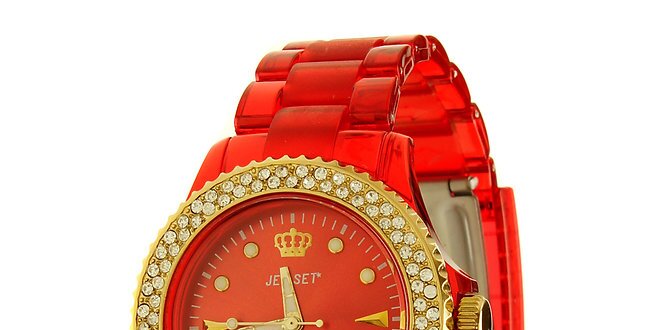 Dámske červené hodinky Jet Set so zlatými detailmi a kamienkami