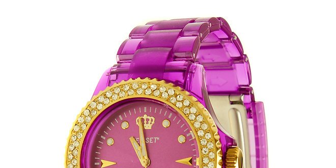 Dámske fialové hodinky Jet Set so zlatými detailmi a kamienkami