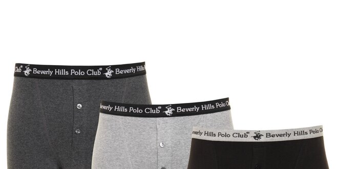 Set čiernych, tmavo šedých a svetlo šedých pánskych boxeriek Beverly Hills Polo Club