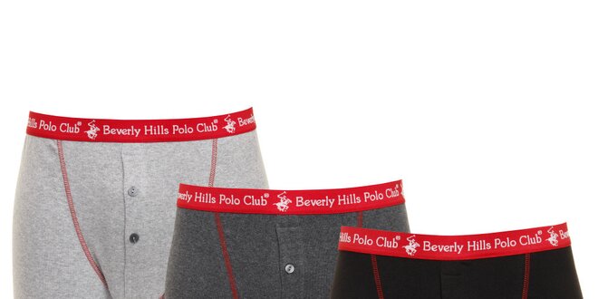Set čiernych, tmavo šedých a svetlo šedých pánskych boxeriek s červenou gumou Beverly Hills Polo Club