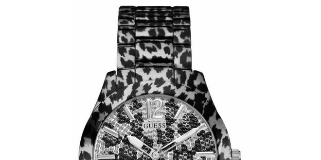 Dámske čierno-biele tigrované oceľové hodinky Guess