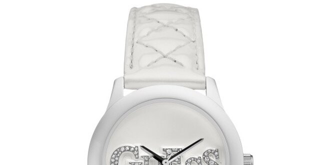 Dámske biele oceľové hodinky s trblietavým nápisom Guess